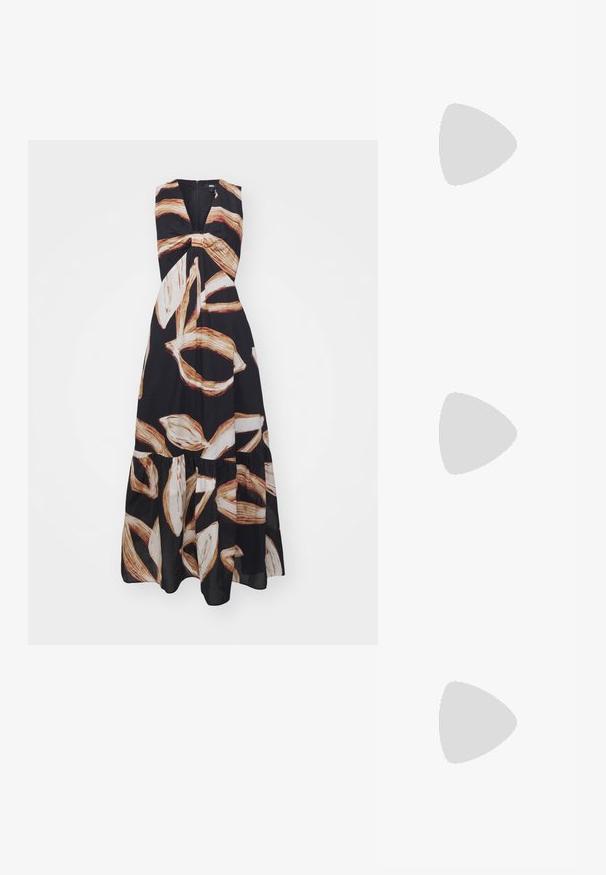 Maxikleid aus schwarzem Stoff mit großen weißen und braunen Blattmustern, ausgestattet mit einem tiefen V-Ausschnitt und einem gerafften Rock.; Schwarzer Leder-Slingback-Schuh mit spitzem Zehenbereich, schlankem Absatz und goldfarbener Hardware-Akzent am Vorderfuß. Glatte Textur und strukturierte Form.; Schwarze Ledertasche mit strukturiertem Finish, ausgestattet mit zwei oberen Griffen, einem abnehmbaren Schultergurt und einem silbernen Verschlussdetail.; DKNY INLAY STUD - Ohrringe - black/gold-coloured