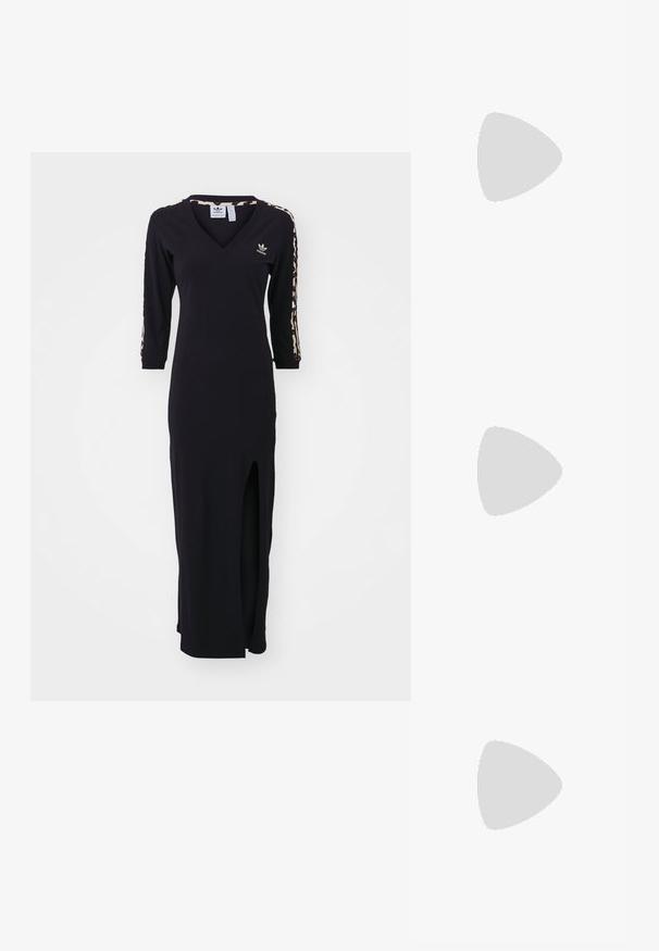 adidas Originals LEO MAXI DRESS - Jerseykjole - black; Guld, metalliske slingback-hæle med spids tå og kraftig hæl. Glat tekstur, minimalistisk design og en smal strop.; Sort læderhåndtaske med en buet form, aftagelig rem og guldfinish. Tasken har en klap med en spænde detalje.; Guld-tone ring med et organisk, snoet design, glat overflade og affasede ender, hvilket skaber et moderne, skulpturelt udseende.