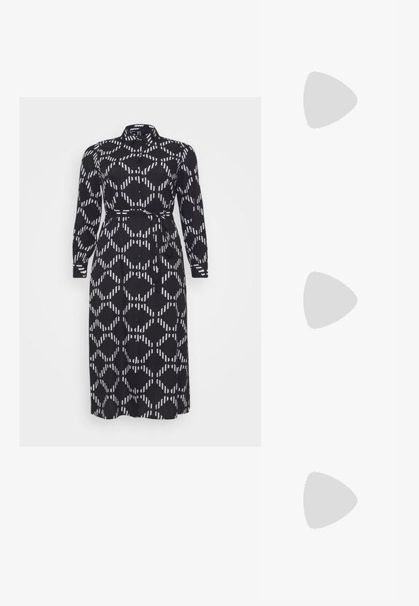 Abito nero con un motivo geometrico bianco, maniche lunghe, chiusura a bottoni frontale, colletto e una cintura coordinata in vita. Tessuto dalla superficie liscia.; Décolleté in vernice nera con punta affusolata e tacco in geometria cubica. Presentano un design elegante e minimalista, con una texture liscia.; Borsa in pelle bordeaux con un design morbido e arricciato e una forma arrotondata. Il manico è fissato, mostrando una texture liscia.; Bracciale in metallo color oro con un design fluido e curvilineo. Presenta un piccolo e prominente accento color argento a un'estremità.