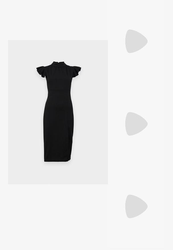 WAL G. ASHLY RUFFLE MIDI - Koktailové šaty/večierkové šaty - black; Čierne sandále na podpätku s viacerými prekríženými remienkami. Hladký materiál, špicatá špička a úzky podpätok. Nastaviteľný remienok okolo členka s prackou.; Čierna kožená clutch taška s klopou a zlatým kovovým detailom s prackou. Obsahuje čierny remienok a elegantný, minimalistický dizajn.; Zlaté kruhové náušnice s hladkými, zaoblenými pendantmi s reflexným povrchom, visiace na štruktúrovanom kruhovom úchytke.