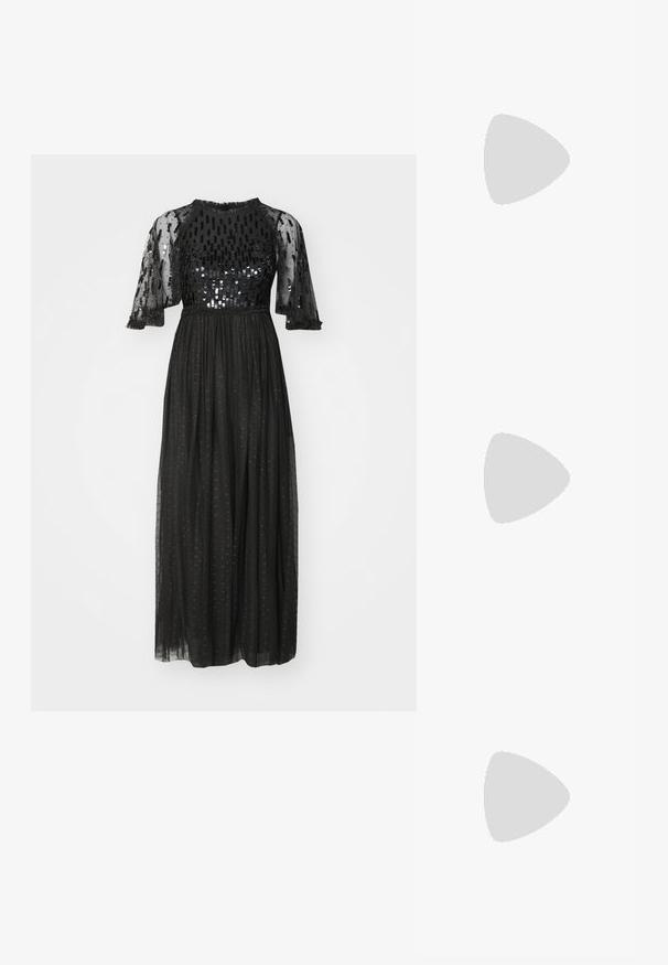 Needle & Thread SEQUIN DASH BODICE ANKLE GOWN - Robe de cocktail - graphite; Escarpin slingback en vernis noir avec un bout pointu, présentant un imprimé serpent texturé, une sangle réglable et un petit talon bloc texturé.; Sac en cuir noir porté en travers avec deux poches avant, boucles dorées, fermeture zippée et une sangle fine. Surface texturée et forme rectangulaire compacte.; Boucles d'oreilles en or lumineux avec un cristal rectangulaire transparent pendent sous une rangée de petits accents ronds transparents. Design élégant et moderne.