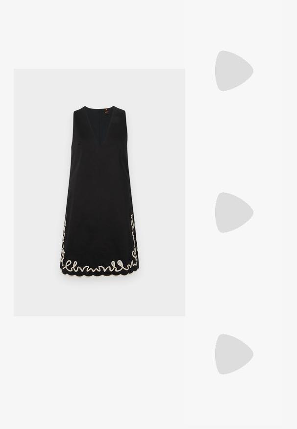 Black sleeveless dress with a V-neck and scalloped hem, featuring intricate white embroidery along the bottom edge. Smooth fabric texture.; Black high-heeled sandals feature thin straps with a knotted design, a smooth square toe, and a sleek stiletto heel.; Light gray metallic handbag featuring a chain strap, embellished with small circular metallic studs and a triangular brand logo.; Silver hoop earrings with a smooth, shiny finish. Rounded shape, lightweight design, featuring a post-back closure.