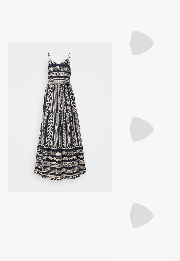 Rochie maxi bleumarin cu bretele subțiri, având un model geometric crem, talie strânsă și design cu fuste în straturi.; Sandal cu toc metalizat auriu, cu un toc bloc unghiular, două curele deasupra piciorului și o curea ajustabilă la gleznă. Textură netedă.; Ochelari de soare cu mâneri tortoise, cu lentile ovale, cu nuanță maro, brațe subțiri ce au un model texturat, cadru din plastic ușor.; Geantă din piele maro, tip crossbody, cu o formă curbată, accesorii aurii și un accent cu cataramă. Dispune de un curea de umăr detașabilă.