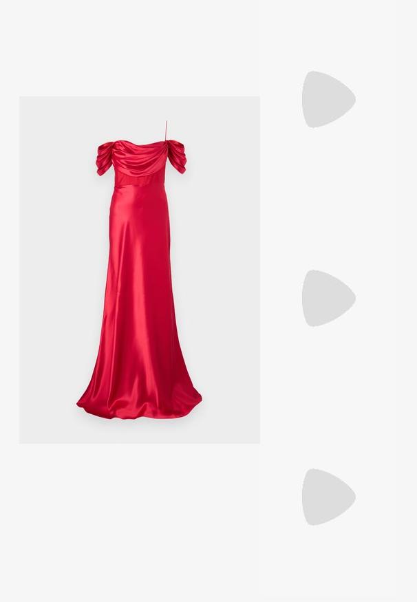 Rachel Gilbert SAWYER GOWN - Occasion wear - red; Nude high-heeled sandal with a thin ankle strap, open toe, smooth leather, and a sleek, tapered heel. Minimalist design with gold hardware.; Vanessa Bruno MINI DAILY BAG - Cross body bag - ivoire; Maria Black SORTEDAM HUGGIE - Earrings - gold-coloured