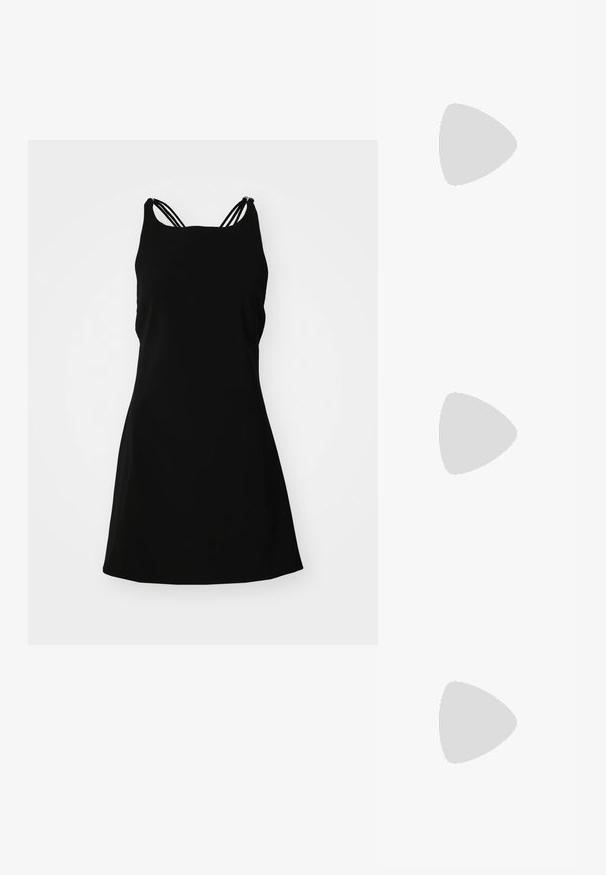 Maje Rochie cocktail/Rochie petrecere - noir; Pantofii plano din piele patent neagră, cu vârful pătrat, curea de gleznă cu accesorii din argint și talpă plată. Textură netedă cu un design minimalist.; Maje MISS MINI - Geantă crossbody - noir; Cercei aurii cu multiple lanțuri suspendate, având accente din rhinestone ovale clare și capete decorative cu tighel.