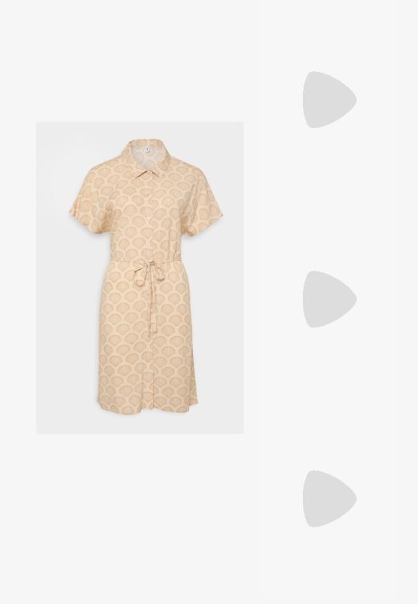 Beige short-sleeved shirt dress with a shell pattern, button-down front, and tie waist detail. Lightweight fabric and relaxed fit.; Black patent leather slingback shoes with a pointed toe, silver hardware detail, and a low block heel. Smooth, shiny texture throughout.; Black leather crossbody bag featuring a smooth texture, rectangular shape, and a metallic chain detail on the front. Adjustable strap included.; Silver drop earrings with a square stud, featuring a smooth, polished finish and a teardrop shape, reflecting light with a glossy surface.