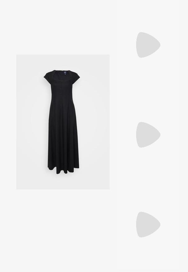 Vestido largo negro con mangas de capucha, escote cuadrado y cierre de cremallera en la parte posterior. Presenta un diseño fluido y una textura suave.; Bailarinas de cuero negro con punta redonda, presentan un lazo decorativo y una textura lisa. Diseño minimalista con una suela baja y plana.; Gafas de sol negras en forma de ojo de gato con un acabado mate, que presentan lentes ahumados grises, ángulos pronunciados y brazos laterales elegantes. Nombre de la marca visible en el interior del brazo.; Pendientes de aro de plata con un acabado liso y pulido. Forma redonda y cierre de click seguro. Diseño ligero adecuado para el uso diario.