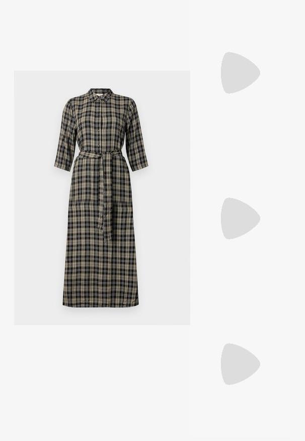 Pikk ruuduline kleit kraega, nööpidega ees, kolmeveerandi varrukatega ja seotud taljega. Värvideks on must, beež ja valge.; Must musta nahk kingad sanga ja terava ninaga, ankle strapidega, millel on hõbedased pandlad ja riistvara ning õhuke konts.; Kuldmetallist käekott, millel on struktureeritud disain, sile tekstuur ja reguleeritav rihm. Omab ainulaadset kolmnurkset kuju ja minimalistlikku õmblust.; Kuldse värvi kõrvarõngad, mis on kaunistatud tekstuursete ja laineliste kujunditega. Komplektis on skulpturaalsed klamber kõrvarõngad ja avatud rõngasdisain, millel on lõhestatud viimistlus.