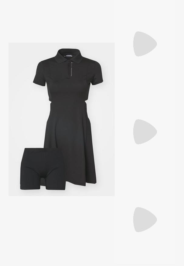 J.LINDEBERG Sports TATIANA DRESS - Sporta kleita - black; Baltas ādas sporta apavi, zema dizaina, ar gludu tekstūru, noapaļotu purngalu, ar auklēm priekšpusē un nelielu izšūtu logotipu sānos.; Melnas ādas rokas soma pusmēness formas. Iezīmē zelta metāla akcentus un šauru siksniņu. Gluda tekstūra, rāvējslēdzēja aizdare augšpusē.; Zeltītu mezgla auskari ar vērptu dizainu. Katrs auskaru pāris ir aprīkots ar apaļu caurspīdīgu atbalstu drošai nēsāšanai.