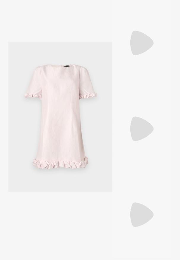 Short pink dress with a textured fabric, short puff sleeves, and ruffled hem. Simple round neckline with a hidden zipper at the back.; Beige patent leather slingback heels with pointed toe and a slim, square heel. Smooth texture and minimalist design with no embellishments.; White shoulder bag with a textured finish, a central buckle accent, and a curved shape. Zipper closures on both sides.; Gold-tone earrings with oval-shaped clear crystals surrounded by smaller clear stones, featuring a hook design for secure wear.