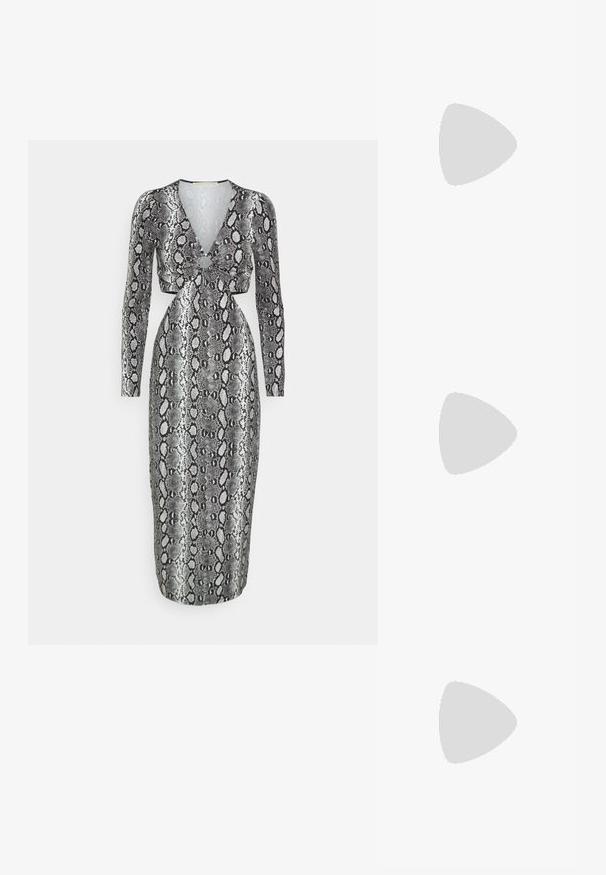 Šaty s dlhým rukávom a výstrihom do V, s čiernym a strieborným hadím vzorom, priliehavým strihom a detailom zvratu na prednej strane.; Čierne kožené slingback vysoké podpätky s dizajnom špicatých špičiek, s výrezom vpredu a tenkým stiletto podpätkom.; Mascara Listová kabelka - gold-coloured/silver-coloured; Zlatom pozlátený náhrdelník s hladkým, zakriveným centrálnym akcentom. Obsahuje flexibilný reťaz s karabínkovým zapínaním a ďalšími nastaviteľnými článkami reťaze.