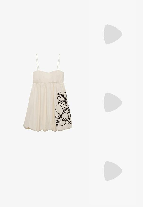 White sleeveless dress with a fitted bodice and flared skirt, featuring black floral embroidery on the left side. Smooth fabric texture.; Fringe ankle boot in tan suede with three layered fringes. Pointed toe and a low block heel. Smooth texture throughout.; Suede handbag in tan with shoulder strap, fringed edges, circular ring hardware, and decorative stitching with silver studs.; Silver hoop earrings feature a smooth, wavy design with a shiny finish. One earring is a wide circular shape, the other is a slender, elongated style.