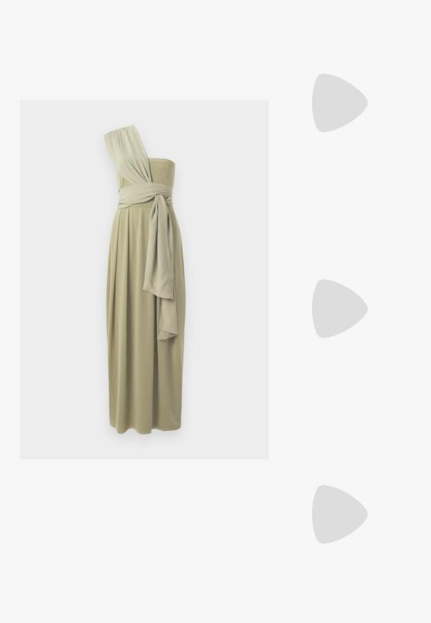 Rochie midi cu un umăr în culoare verde măsliniu, cu țesătură drapată și talie înfășurată. Textură netedă cu un design fluid.; Pantofi Mary Jane din piele patent bej, cu două catarame ajustabile, vârf ascuțit și toc mic. Textură netedă cu un finisaj lucios.; Geantă de mână din piele crem, cu o formă de semilună, accesorii aurii, accente negre și o curea detașabilă. Are un detaliu cu lanț și eticheta.; Colier placat cu aur, cu un accent central neted și curbat. Dispune de o chaină flexibilă cu un închizător tip homar și link-uri suplimentare ajustabile.