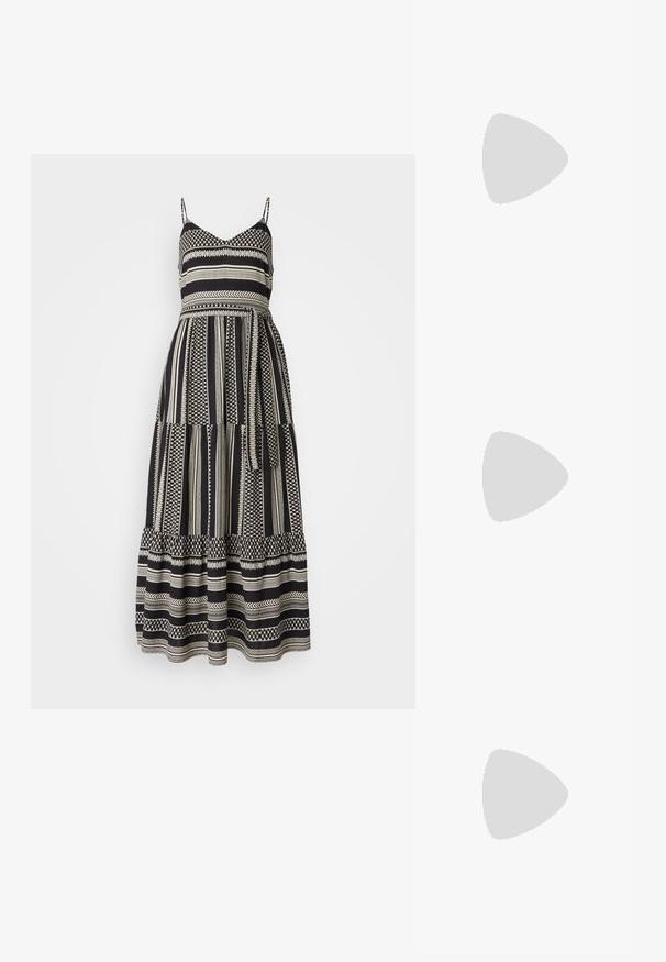 Vero Moda VMDICTHE SINGLET DRESS - Robe longue - black/birch; Chaussure plate en cuir noir avec un bout pointu, un léger talon surélevé et une surface lisse. Design simple sans matériel ou motifs visibles.; Lunettes de soleil transparentes roses avec des verres ovales, teintés d'un rouge foncé, et des branches fines, présentant une finition lisse et des détails subtils sur la monture.; Sac à main en cuir noir texturé avec des clous argentés le long du bord supérieur et des poignées, doté d'une courte poignée et d'une sangle amovible.