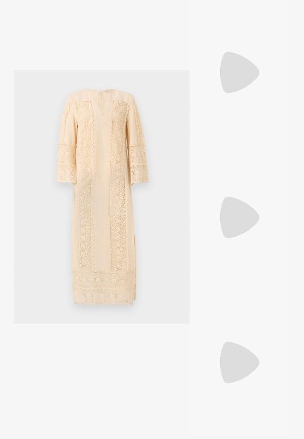 Light beige dress featuring intricate lace detailing along the sleeves and sides, with a relaxed fit and a subtle V-neckline.; Black flat slide sandal made of synthetic material, featuring a wide strap with a metallic logo accent and a smooth, glossy finish.; Tory Burch Sunglasses - black/dark grey; Black handbag made of textured leather, featuring a diamond pattern, gold-tone chain strap, and a top handle with a logo-embossed flap closure.