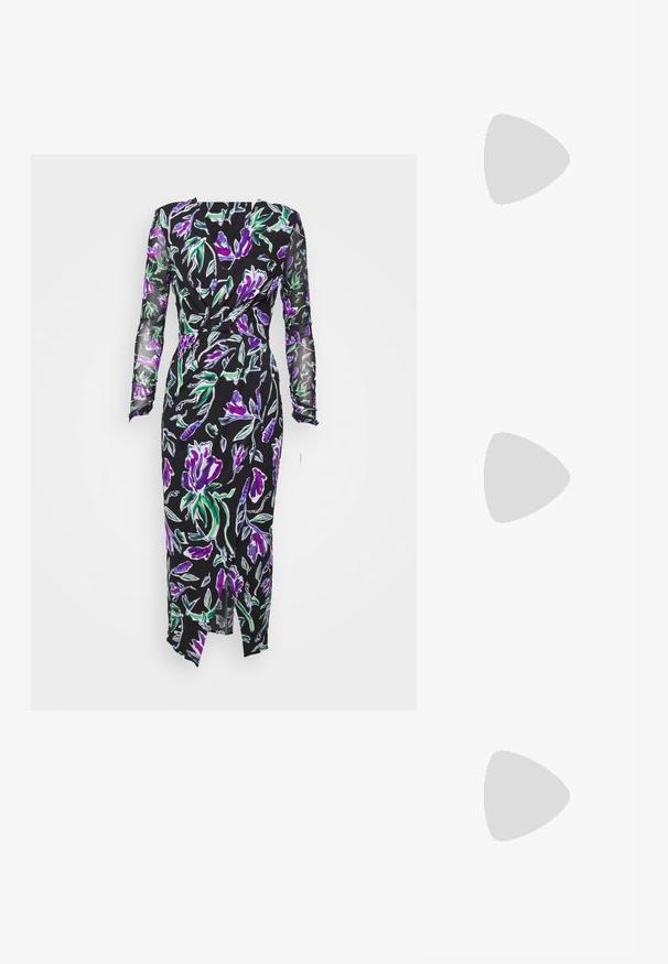 Diane von Furstenberg VIVIANNE DRESS - Denné šaty - black/multicoloured; Čierne kožené topánky na opätku s špicatou špičkou a dvoma nastaviteľnými popruhmi. Hladký povrch a minimalistický dizajn.; MM6 Maison Margiela CLASSIC JAPANESE HANDBAG - Kabelka - silver-coloured; Náhrdelník s jantárom, priehľadnými a striebornými korálkami, kombinujúcimi guľaté a oválne tvary, spojený strieborným reťazcom a doplnený perličkami.