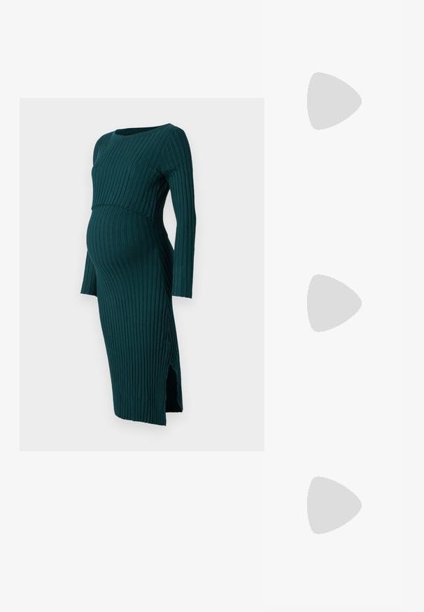 Anna Field MAMA Kampsunkleit - dark green; Mustad musta värvi kontsandaalid on varustatud peente rihmadega, millel on sõlmekujundus, siledad ruudukujulised varbad ja stiilne stilettokonts.; Helehall metallik handbags, millel on kett, kaunistatud väikeste ümmarguste metallist õmblustega ja kolmnurkse brändi logoga.; Hõbedased rõngaskõrvarõngad, millel on sile ja läikiv pind. Ümar kuju, kerge disain, millel on post-tagumise kinnituse süsteem.