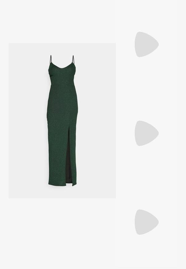 WAL G. ROME STRAPPY GLITTER MAXI - Kokteiļkleita/ballīšu kleita - forest green; Melna lakota āda ar atvērto papēdi, ar smailu purngalu un ģeometrisku blokpapēdi. Iezīmējas elegants, minimāls dizains un gluda tekstūra.; Zelta metāla somiņa ar strukturētu dizainu, gludu tekstūru un regulējamu siksniņu. Iezīmējas ar unikālu trīsstūrveida formu un minimālistisku šuvumu.; Zelta toņa gredzens ar organisku, vērptu dizainu, gludu virsmu un sašaurinātiem galiem, radot mūsdienīgu, skulpturālu izskatu.