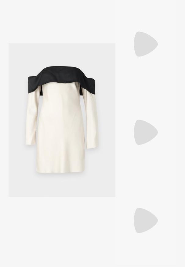 Rochie off-the-shoulder cu guler din satin negru, mâneci lungi și stofă crem. Textură netedă cu un design ajustat.; Bershka Sandale cu toc - black; Ochelari de soare bleoni cu un design rotund și lentile de nuanță deschisă. Au brațe rezistente cu mici accente de aur, fabricate din material plastic.; Geantă din piele maro, tip crossbody, cu o formă curbată, accesorii aurii și un accent cu cataramă. Dispune de un curea de umăr detașabilă.