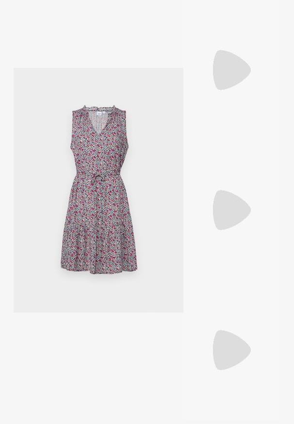GAP ZEN EWAIST - Kasdienė suknelė - pink multi floral; Juodos lakuotos odinės šlepetės su smailiu pirštu ir geometriniu bloko kulnu. Turi elegantišką, minimalistinį dizainą ir lygų paviršių.; Juodas odinis krepšys su išlenkta forma, nuimamu dirželiu ir auksiniais detalėmis. Krepšys turi kilpą su sagtimi.; Auksinės tonacijos auskarai-žiedai su lygiu, poliruotu paviršiumi. Yra pusmėnulio forma ir patikimas užsegimas.