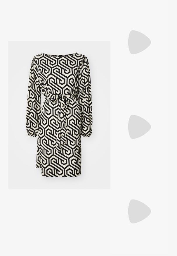 Black and white long-sleeve dress featuring a geometric pattern, with a tied waist detail and a relaxed fit.; Black platform heels with a pointed toe and adjustable ankle strap. Constructed from smooth leather, featuring a chunky block heel.; Black leather handbag with a curved shape, detachable strap, and gold hardware. The bag features a flap with a buckle detail.; Gold-tone ring featuring an organic, twisted design with smooth texture and tapered ends, creating a modern, sculptural appearance.