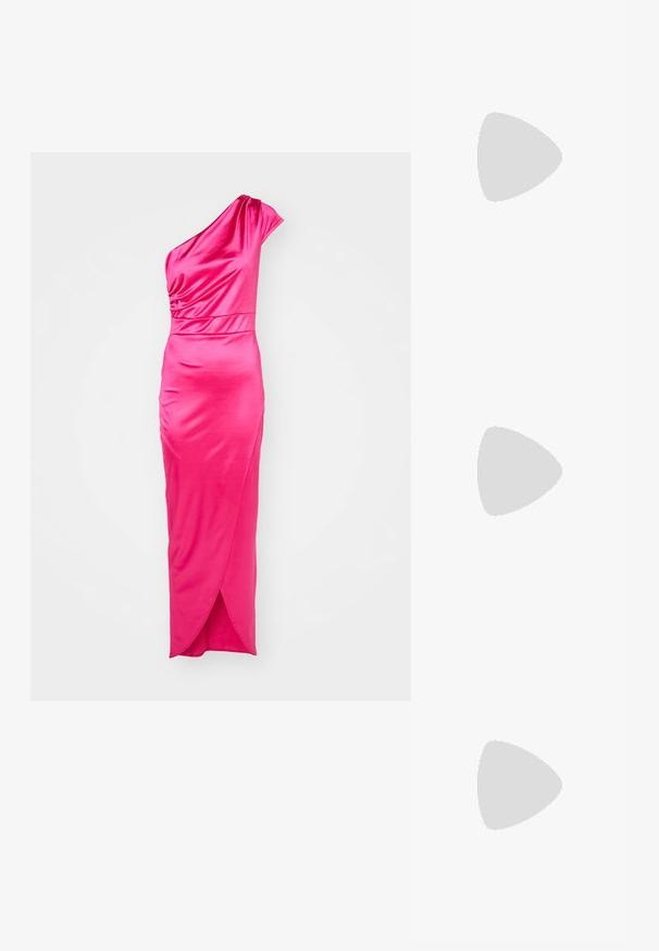 WAL G. ELLE ASYMMETRIC - Apģērbs svinīgiem gadījumiem - hot pink; Bežīgas lakotas ādas slingback papēži ar smailu purngalu un šauru, kvadrātveida papēdi. Gluda tekstūra un minimālistisks dizains bez dekorēšanas elementiem.; Bežs aušanas salmu soma ar baltu ādas apdari, dubultiem zelta ķēžu rokturiem un taisnstūra formu. Virsma ir ar strukturētu rakstu.; Sudraba toņa auskari ar savīti gredzenu dizainu, ar teksturētu virsmu un ribotu apdari, nostiprināti ar stieples aizdari.