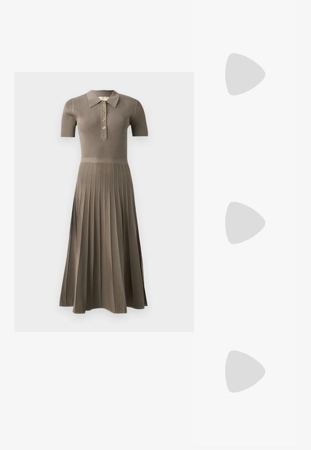 Ribbed midi dress in gray-brown with short sleeves, a polo collar, gold button placket, and pleated skirt design. Soft texture.; Silver metallic pointed-toe high heel shoe featuring a smooth texture, 4-inch heel, and subtle creased pattern along the surface.; Black leather bucket bag with a textured finish, gold hardware accents, and an open top. Features a short handle and adjustable shoulder strap.; Silver hoop earrings feature a smooth, rounded design with a thin profile and secure clasp. Minimalistic style with a polished finish.