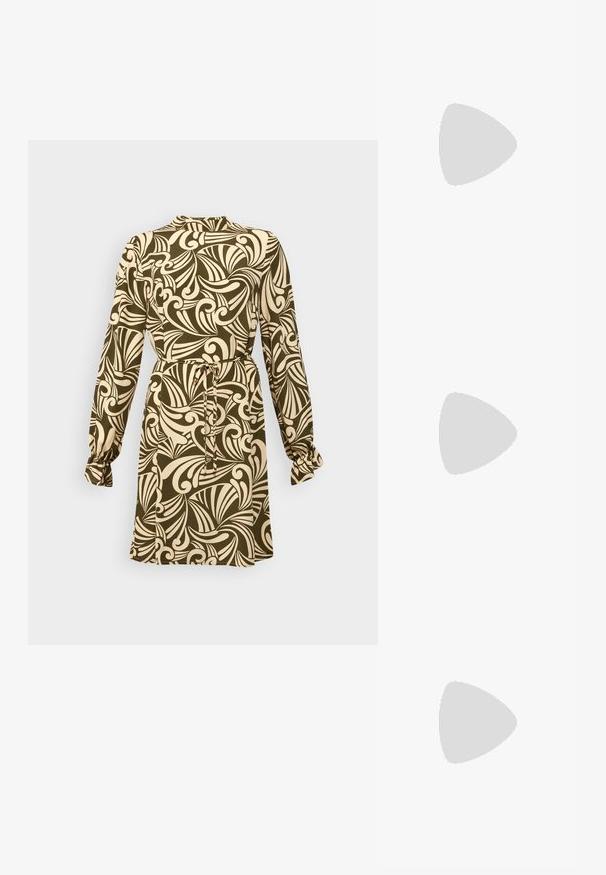 Rochie cu mâneci lungi, talie ajustată, fundal verde măsliniu, model floral crem în spirală și gathered la manșete.; Sandale negre cu toc, cu mai multe curele încrucișate. Material neted, vârf ascuțit și toc subțire. Curea ajustabilă la gleznă cu cataramă.; Trei perechi de ochelari de soare dreptunghiulari: una roz, una albă, una neagră. Toate au lentile închise la culoare și un cadru din plastic lucios.; Cercei cercuri din aur cu un finisaj neted și strălucitor. Design circular cu un mic suport și un spate transparent pentru o purtare sigură.
