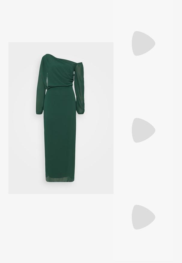 WAL G TALL ABI OFF SHOULDER MAXI - Proginė apranga - forest green; Juodi šlepetės su kvadratiniu pirštu ir žemu bloku kulnu. Yra keli ploni dirželiai ir reguliuojamas kulkšnies diržas. Pagaminti iš lygios odos.; Juodas odinis per petį nešiojamas krepšys turi lygų paviršių, stačiakampio formą ir metalinę grandinėlę priekyje. Pridedama reguliuojama dirželis.; Sidabriniai lašo formos auskarai su kvadrato formos auskaru, turintys lygų, poliruotą paviršių ir ašarėlės formą, atsispindintys šviesoje su blizgiu paviršiumi.