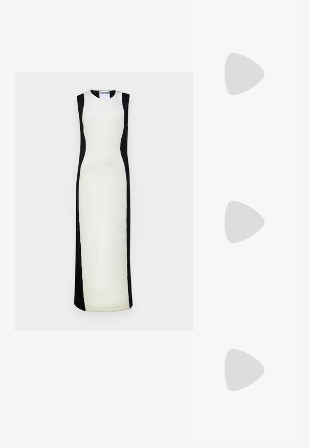 Bezramenné šaty v krémové a černé barvě, s přiléhavým střihem a kontrastním panelem a kulatým výstřihem. Měkká pletená textura.; Bílé kožené lodičky na vysokém podpatku s špičatou špičkou, kotníkovým páskem a štíhlým jehlovým podpatkem. Hladká textura s mírným lesklým povrchem.; Zlatá flitrová kabelka ve tvaru obdélníku, s propleteným řetízkovým uchem a kovovým zapínáním, odrážející světlo s texturovaným povrchem.; Lauren Ralph Lauren BASIC SMALL HOOP - Náušnice - gold-coloured