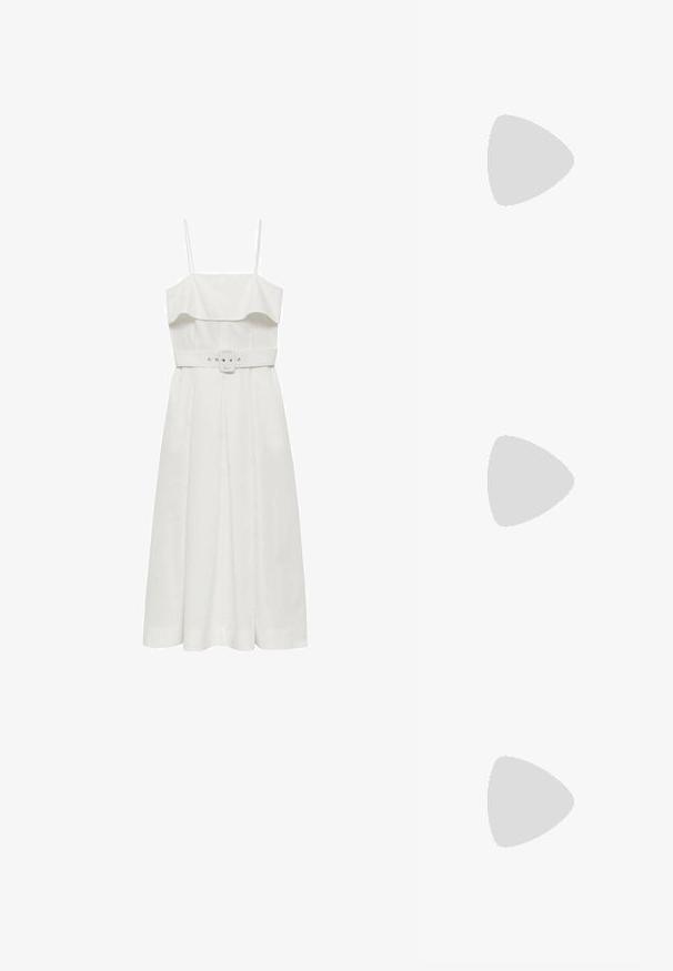 Mango Rochie de zi - white; Tocuri bej cu toc înclinare, cu vârf ascuțit și un toc jos, evazat. Fabricate din piele netedă, cu un design minimalist și curea ajustabilă.; Ochelari de soare din metal auriu, cu montură pătrată, lentile cu gradient maro și detalii din piele de broască țestoasă pe brațe. Design ușor.; Bol de metal auriu cu o suprafață netedă și reflectorizantă, având o formă rotundă și organică. Fără modele sau accente vizibile.