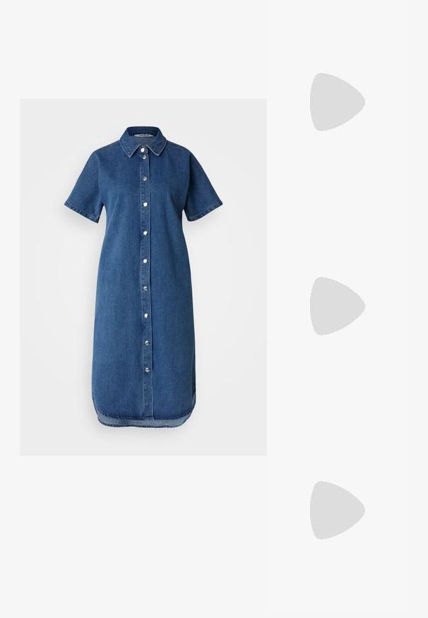 Τζιν φόρεμα πουκαμίσα, κοντά μανίκια, κουμπιά μπροστά, γιακάς, ανοιχτό μπλε χρώμα, μαλακή υφή, μήκους γόνατος και ελαφρώς καμπυλωτό τελείωμα.; Χρυσά σανδάλια από vegan δέρμα με δύο ρυθμιζόμενους ιμάντες, φλαμίνγκο από φελλό και σκούρα καουτσούκ σόλα. Λείο υλικό με μεταλλική φινίρισμα.; Ορθογώνια γυαλιά ηλίου με πλαστικό σκελετό καφετί δακτυλίδι, σκούρους φακούς και ασημί λεπτομέρειες στα πλάγια. Κατασκευασμένα στην Ιταλία.; Καφέ δερμάτινη τσάντα χιαστί με σχέδιο λογοτύπου, χρυσή αλυσίδα λουριού, κλείσιμο με φερμουάρ και χρυσές μεταλλικές λεπτομέρειες. Συμπαγής και ορθογώνια μορφή.