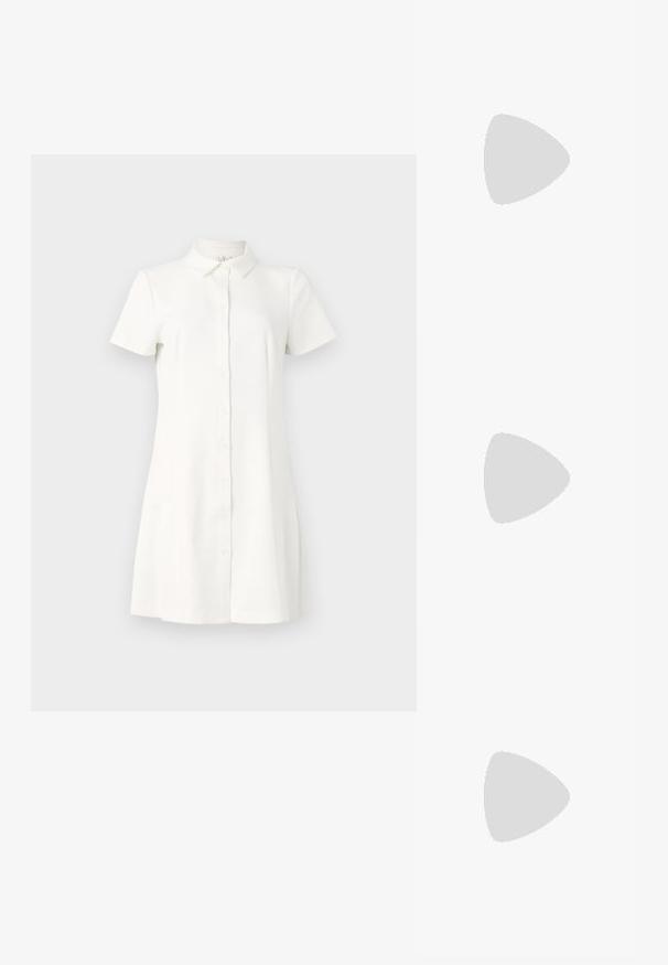 Rochie cu mânecă scurtă, cu butoni, din material alb. Dispune de un guler, un tiv evazat și două buzunare laterale. Textură netedă, cu un design clasic.; Anna Field Cizme - beige; Ochelari de soare cu chelă de broască țestoasă, având un cadru rotund și voluminos, cu lentile maro. Prezintă modele subtile și brațe drepte, conice.; Geantă de umăr albă din piele, cu un închizător aurie, având un design structurat, margini contrastante și o curea subțire ajustabilă.
