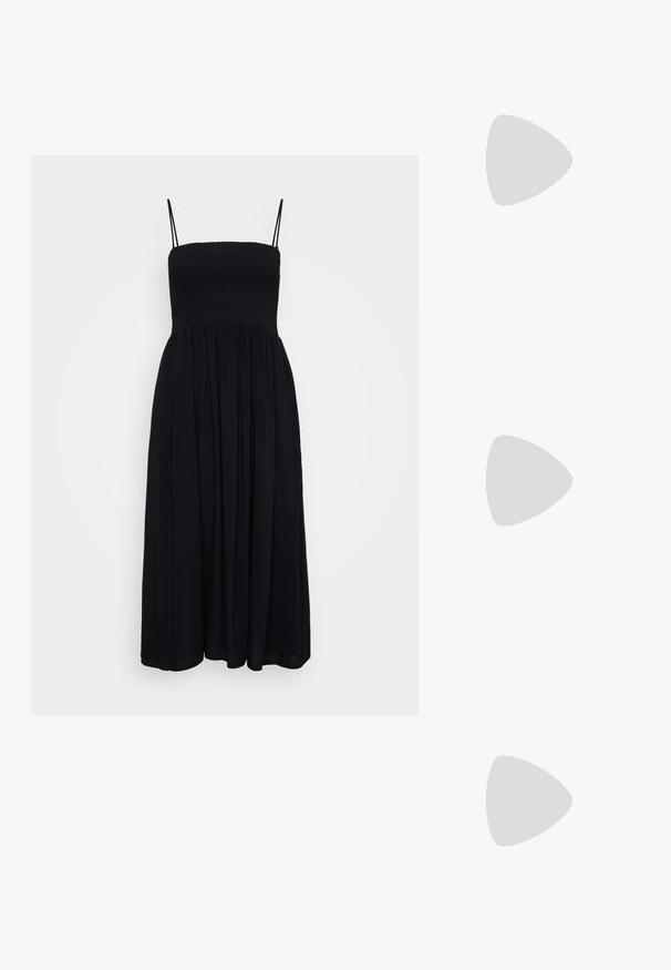 Juodas maxi suknelė su reguliuojamais spaghetti diržais, raukšlėta krūtinė, susiraukšlėjęs sijonas ir minkšta medžiaga, suteikianti laisvai krentantį siluetą.; Juoda plisuota sijonas su aukštesniu priekiniu kraštu, derinamas su blizgiomis raudonomis plokščiomis bateliais, turinčiais dirželio dizainą. Medžiaga yra glotni.; Geltona audinė piniginė su užsegimu, nuimamą rankinę juostą ir auksinį akcentą. Lygi tekstūra ir stačiakampis forma.; Sidabriniai auskarai su sklandžiu, poliruotu paviršiumi. Apvalios formos ir saugus uždarymo mechanizmas. Lengvas dizainas, tinkantis kasdieniam dėvėjimui.