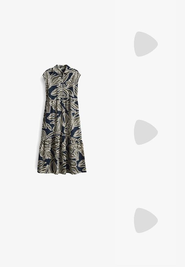 Marineblaues Kleid mit kurzen Ärmeln, das eine durchgehende Knopfleiste und große hellbeige Blättermuster aufweist, mit einem gestuften, gerafften Rock.; Patente burgunderfarbene High Heels mit spitzer Zehenpartie, Knöchelriemen mit goldfarbenen Beschlägen und einer eleganten, polierten Oberfläche. Erhöhter Stiletto-Absatz.; Schwarze rechteckige Sonnenbrille mit getönten blauen Gläsern, dicken Rahmen und einem goldenen, runden Akzent an der Seite. Schlichte, glänzende Oberfläche.; Burgunderfarbene Handtasche aus synthetischem Material mit strukturiertem Design, ausgestattet mit einem abnehmbaren Trageriemen und einem blumenmusternden Schal, der am Griff gebunden ist.
