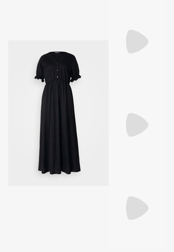 Svart maxikjole laget av et lett stoff med V-hals, korte volangermmer og en samlet midje med knappdetaljer.; ALDO ULIANA - Klassiske pumps - black; ALDO MURIA - Håndveske - white; ALDO BANEVER 3 PACK - Øredobber - gold-coloured