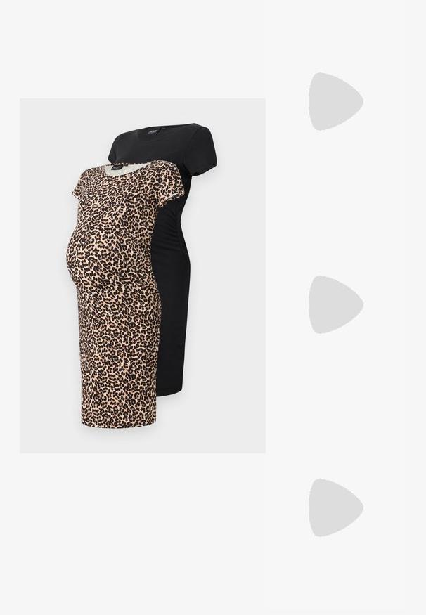 Ensemble de robes de maternité comprenant deux robes : une noire et une à imprimé léopard. Les deux sont en tissu doux, conçues pour le confort pendant la grossesse.; Escarpins slingback en cuir verni noir avec un embout pointu, un design à découpes arrondies et un talon carré. Présente un accent de boucle en ton doré.; Lunettes de soleil noires surdimensionnées avec des verres dégradés, monture épaisse et détails en chaîne dorée sur les branches.; Sac à bandoulière noir avec une finition mate lisse, design de dessus courbé, bandoulière réglable et sans fermetures ou ornements visibles.