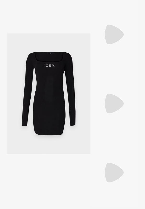 Robe noire à manches longues avec un décolleté carré, ornée de 'ICON' en strass sur la poitrine, fabriquée dans un tissu lisse et extensible.; T-shirt blanc à manches courtes en tissu côtelé. Col rond, coupe régulière et détails de couture subtils. Aucune motif ni graphique.; Ballerines en cuir noir avec un bout rond, texture lisse, détails de couture minimalistes et design de semelle flexible.; Sac à main en cuir marron avec une fermeture à rabat, des accents en métal doré, une bandoulière et une texture lisse. Forme rectangulaire compacte.