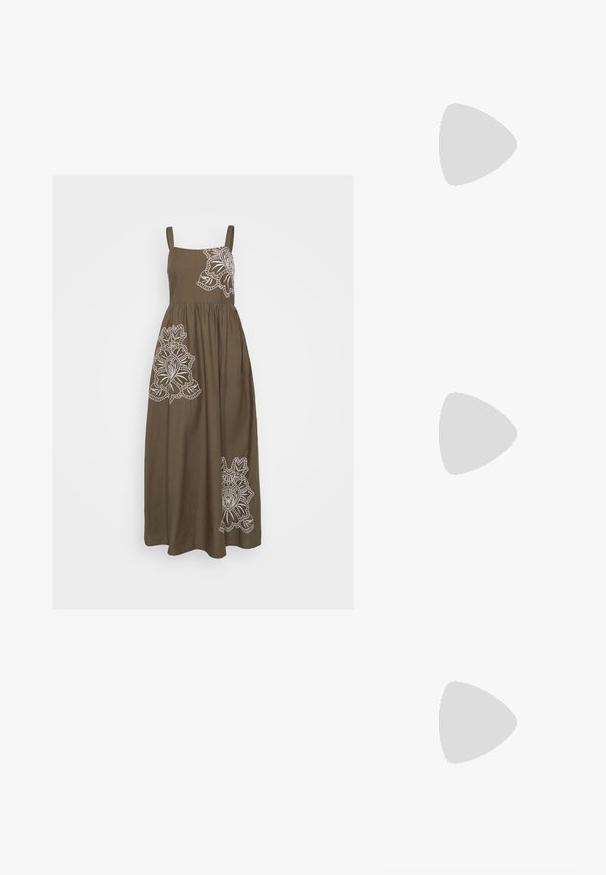 Khaki maxi kleit, millel on ees valged lillemustrid, õhukeste õlapaeltega ning voolava A-lõikega seelik.; Valged ja hõbedased võrksneakerid roheliste detailidega, seljas laiad sinised teksad, seistes rohelise vaibaga põrandal.; Denim õlakott, millel on kõver rihm, kaks esipocketit ja nööpiga peal, millel on helesinine kangas ja kontrastsed õmblused.; Hõbedased rõngaskõrvarõngad, millel on sile, läikiv viimistlus. Ümmargune kuju ja turvaline klõpsulatus. Kerge disain, sobib igapäevaseks kandmiseks.