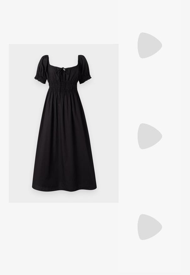 Črna obleka do kolen s kratkimi napihnjenimi rokavi, kvadratnim ovratnikom in nabrano pasom. Narejena je iz lahkotnega materiala z gladko teksturo.; Zlati, kovinski slingback čeveljci z ostrim nosom in masivnim peto. Gladka tekstura, minimalistična zasnova in ozka zanka.; Črna usnjena torbica s ukrivljeno obliko, z odstranljivo naramnico in zlatimi dodatki. Torbica ima pokrov s podrobnostmi v obliki zaponke.; Zlato obarvani uhani z ovalnimi prozornimi kristali, ki jih obdajajo manjši prozorni kamenčki, s sistemom za oblačenje za varno nošenje.