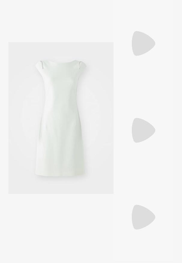 Short white dress with a simple silhouette, round neckline, and cap sleeves. Smooth texture, minimalistic design, with side cutouts.; Black leather slingback heels with a pointed toe, featuring a slim heel and a gold-tone accent on the adjustable strap. Smooth texture.; Black leather handbag with a structured design, featuring a cropped shape, top handle, and gold hardware accent. Adjustable shoulder strap included.; DKNY HEART DROP - Earrings - gold-coloured/cry