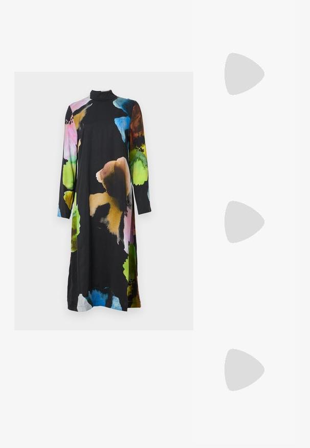Long-sleeve black dress featuring a vibrant floral print in pink, blue, green, and brown. High neck design with a relaxed fit and smooth texture.; Black leather ballet flat with a rounded toe, smooth texture, minimal stitching detail, and a flexible sole design.; Black leather bucket bag with a textured finish, gold hardware accents, and an open top. Features a short handle and adjustable shoulder strap.; Gold-tone knot stud earrings with a twisted design. Each earring features a circular clear backing for secure wear.