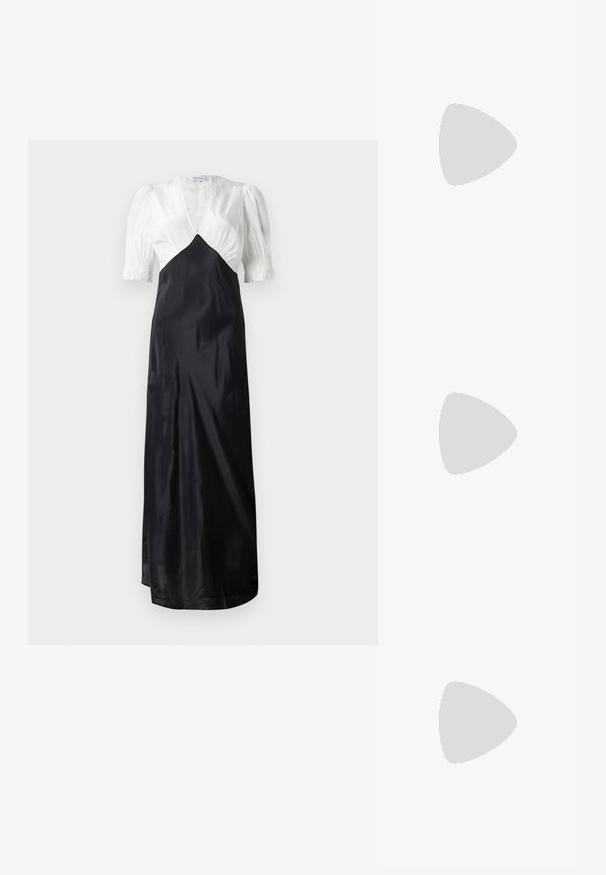 Lang kleed met een witte satijnen lijfje en een zwarte satijnen rok, met pofmouwen en een diepe V-hals. Gladde textuur, elegante uitstraling.; Zwart patent slingback hak met een spitse neus, voorzien van een gestructureerde slangenprint, verstelbare band en een korte, gestructureerde blokhak.; Zwarte leren schoudertas met twee vo pockets, gouden gespen, ritsluiting en een smalle band. Tekstuur oppervlak en compacte rechthoekige vorm.; Gouden metalen oorbellen in de vorm van een gebogen, verlengde hoop. Kenmerkend zijn het gladde, glanzende oppervlak en de afgeronde punt voor extra detail.