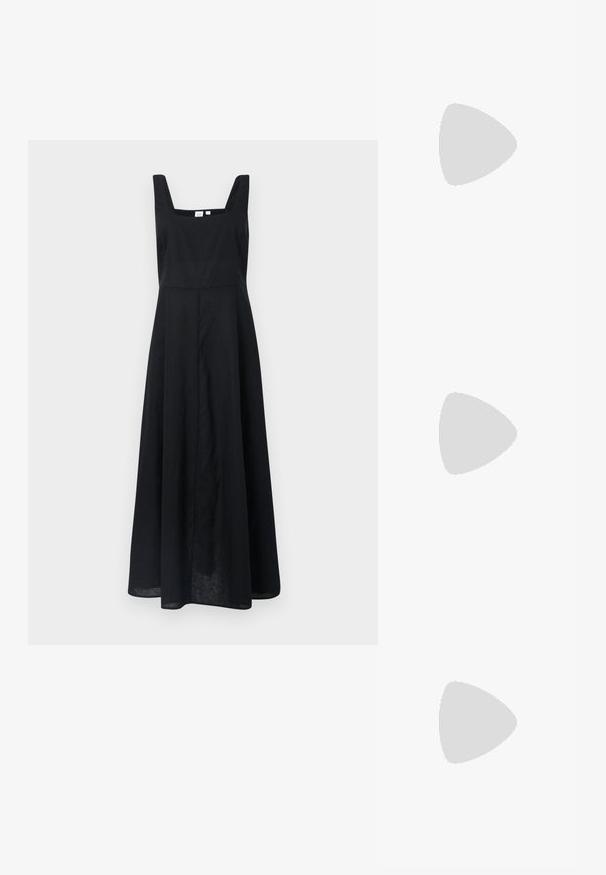 Svart linneklänning med fyrkantig halsringning, breda axelremmar och en svängande kjol som når mitt på vaden. Minimalistisk design utan synliga mönster.; Vit bomull t-shirt med en stor, lysande röd hummergrafik på framsidan. Kortsleeves och standard rundad halsdesign.; Vit hög topp canvas sneaker med svart gummisulan, framsidan gummitåhätta och sex öglor för snören, med en ren, minimalistisk design.; Röd läderhandväska med en vinkelrät, geometrisk design. Har ett justerbart axelband och en klaffstängning med sydda detaljer.