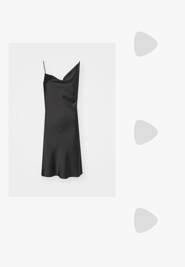 Black satin slip dress with a draped neckline, thin adjustable straps, and a smooth texture. Flows gently with an A-line silhouette.; Black high-heeled sandals feature thin straps with a knotted design, a smooth square toe, and a sleek stiletto heel.; Black sunglasses with angular, cat-eye design. Silver mirrored lenses. Slim, lightweight plastic frames with subtle branding on the temples.; Silver metal earrings with a smooth, teardrop shape and a polished finish. Subtle engravings add detail. Minimalist design.