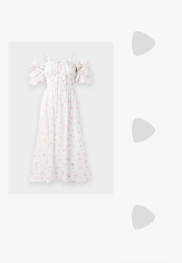 White floral dress with pink rose patterns, smocked bodice, off-the-shoulder puff sleeves, and a flowing silhouette.; White leather sneakers, low-top design, featuring a smooth texture, round toe, laced front, and a small embroidered logo on the side.; Black leather half-moon bag with a gold hardware accent, featuring a zip closure. Worn crossbody over a gray sweater.; Gold-tone knot stud earrings with a twisted design. Each earring features a circular clear backing for secure wear.