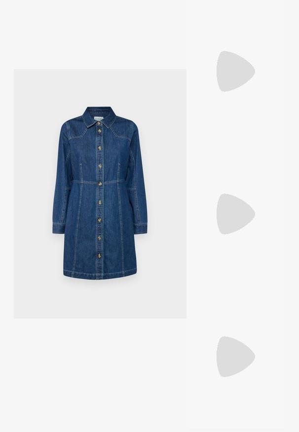 MSCH Copenhagen EMMA DRESS - Haljina od trapera - dark blue wash; Smeđe kožne kauboj čizme s šiljastim vrhom i blok-potpeticom, s detaljno izvezenim šavovima i uzdignutim naglascima na okovu.; Sunglasses u obliku mačjih očiju s okvirom u crno-narančastom kornjačevom uzorku, smešnim lećama i elegatnim, šiljastim vrhovima. Sadrži minimalni logo na dršci.; Srebrne naušnice s obručima i uvijenim dizajnom, s poliranim završetkom i pričvršćivanjem na stražnjoj strani. Mjere otprilike 3 cm u promjeru.