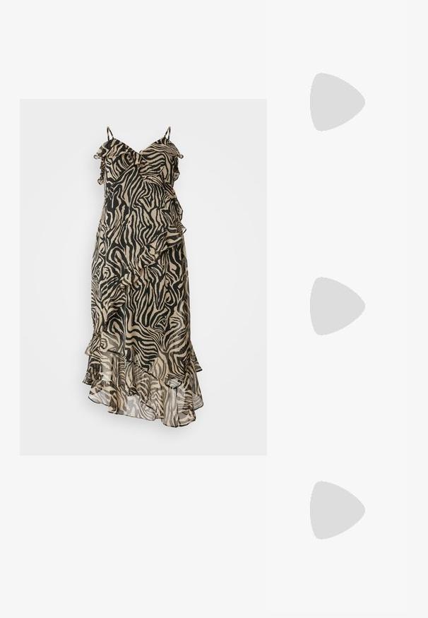 Zebratryckt klänning gjord av lättviktig tyg; har volangdetaljer och justerbara spaghetti-remmar; dominerande svarta och beige färger.; Svarta läderankelboots med en slät yta, elastiska sidopaneler och en kraftig klack. Har en dragflik för enklare påtagning.; Svart läderhandväska med en slät yta. Har en justerbar axelrem och en elegant, minimalistisk design med dragkedja.; Silverfärgade metallörhängen med en vågig, skulptural design som har en polerad yta och oregelbundna former, vilket framhäver en samtida estetik.