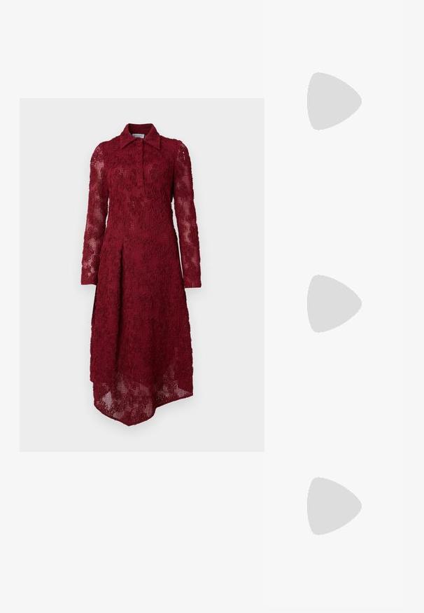 Bordo suknelė su tekstūriniu, nėriniuotu dizainu; turi apykaklę, mygtukų užsegimą ir ilgomis rankovėmis. Hemas yra asimetriškas.; Juodai lakuoti slingback aukštakulniai su smailiu nosiu, su tekstūruotu gyvatės raštu, reguliuojama juosta ir trumpu, tekstūruotu blokiniu kulnu.; Juodas odinis per petį nešiojamas krepšys su dviem priekiniais kišenėmis, auksiniais sagtimis, užtrauktuko uždarymu ir siauromis petnešomis. Textūruota paviršius ir kompaktiškas stačiakampis formatas.; Auksinės metalinės auskarų kabės su lenktą, pailgą forma. Turi lygų, blizgantį paviršių ir užapvalintą galiuką papildomam akcentui.