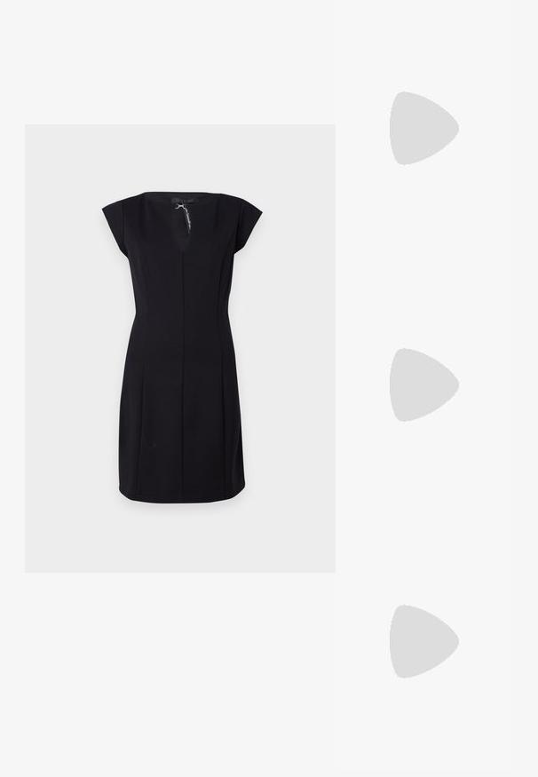 Robe noire ajustée avec des manches courtes, un décolleté en V et des coutures verticales pour la structure. Fabriquée en tissu lisse, elle possède une fermeture au dos.; Chaussures slingback en cuir verni noir avec un bout pointu, des détails en métal argenté et un faible talon bloc. Texture lisse et brillante tout au long.; Sac bandoulière en cuir noir avec une texture lisse, de forme rectangulaire et un détail en chaîne métallique à l'avant. Sangle réglable incluse.; Boucles d'oreilles créoles en or avec un design texturé et trois accents de cristal clair d'un côté, offrant une esthétique géométrique moderne.